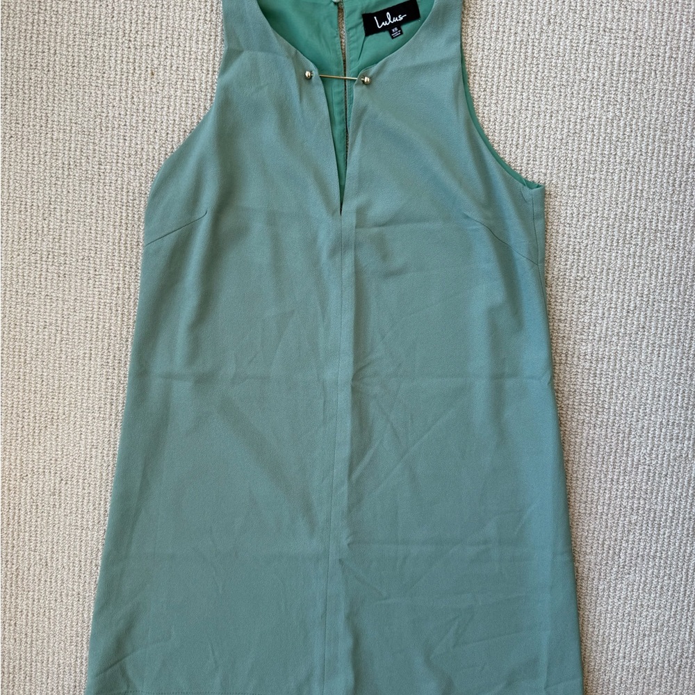 Lulus Sage Green Shift Dress XS Sleeveless Gold Bar Detail